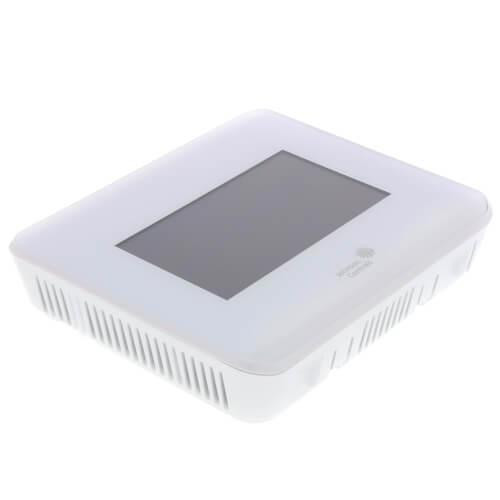 Johnson Controls, smart thermostat device with a rectangular display screen and ventilation slots on the sides.