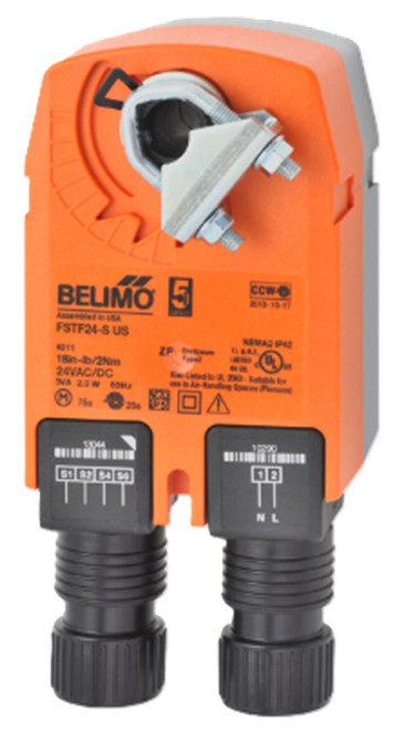 Belimo, industrial electrical actuator device in orange casing with black wiring connectors and technical specifications printed on the front.