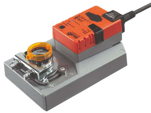 Belimo actuator, industrial electric actuator with gray and orange casing used for controlling automation systems.