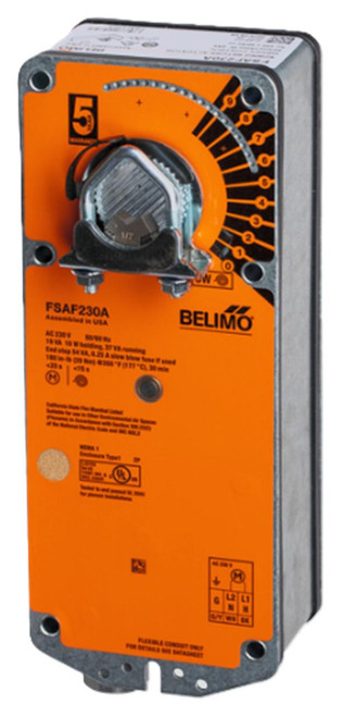 Belimo, industrial electric damper actuator with orange control dial and mounting base.