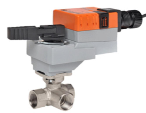 Belimo electric actuator, industrial valve automation device with orange and gray housing and stainless steel valve connection