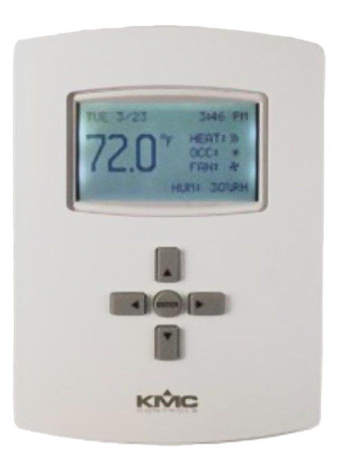 KMC Controls Thermostat, digital display showing temperature settings and controls.