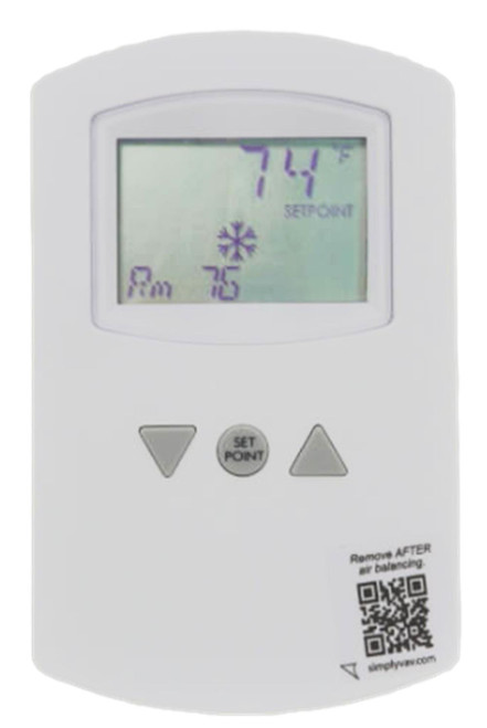 KMC Controls Thermostat, digital thermostat with display showing temperature and settings.