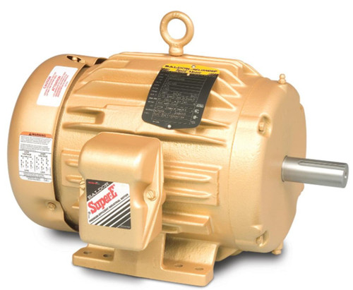 Baldor Electric Motor, industrial high-performance electric motor in a tan color with brand labels and metal shaft.