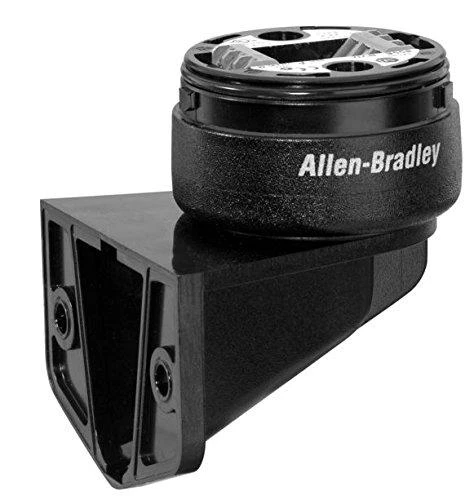 Allen-Bradley, industrial automation sensor or component with black cylindrical shape mounted on a black bracket.