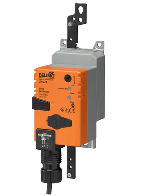Belimo actuator, industrial HVAC control device with orange and gray housing for precise valve automation.