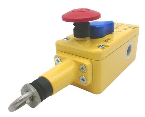 Allen-Bradley Emergency Stop Button, yellow control box with red, blue, and black buttons for industrial safety control.