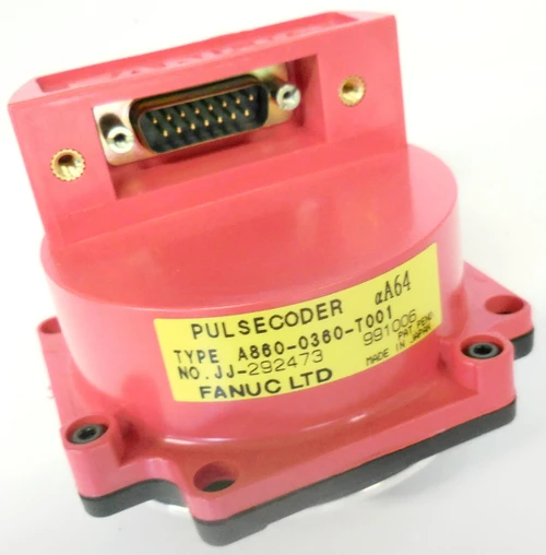 Fanuc Pulse Decoder, pink industrial electronic device with a connector port and a yellow label showing technical details.