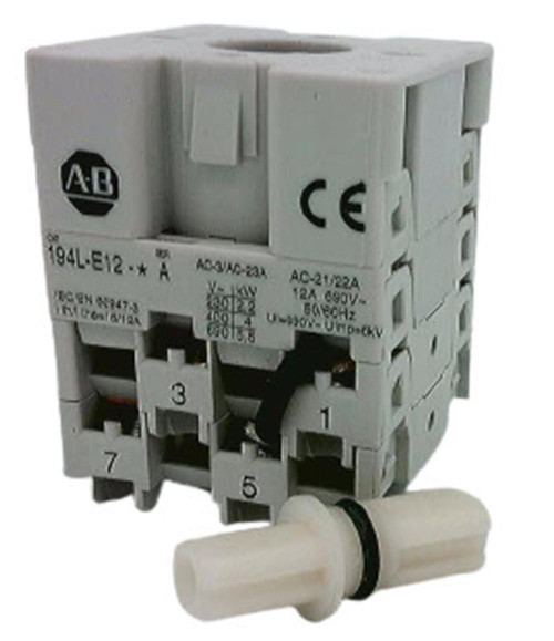 Allen-Bradley relay, industrial electronic sensor with white body and black markings, used for automation and control systems.