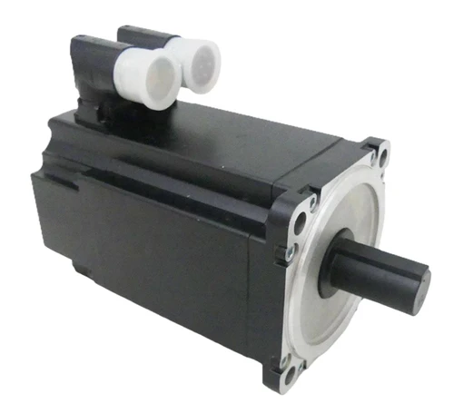 B&R Automation product, industrial servo motor with black body and mounting flanges, used for precise motor control in automation systems.