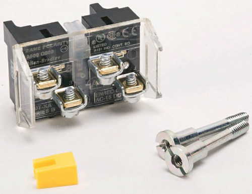 Allen-Bradley 800T-XA relay, industrial electrical component with metal terminals and black plastic casing, placed on a white surface with two metal screws and a yellow plastic clip.