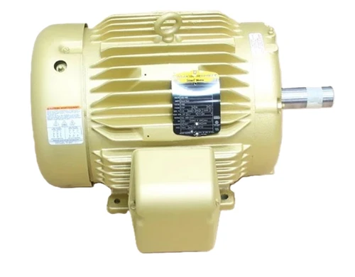 Baldor EM3774T motor, industrial electric motor with cooling fins and metal shaft.