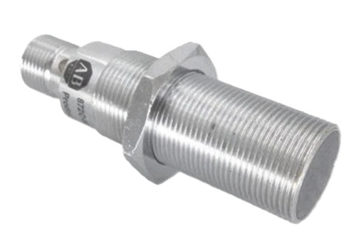 Allen-Bradley 872C-M12NP18-D, industrial sensor with M12 connector and threaded metal body.