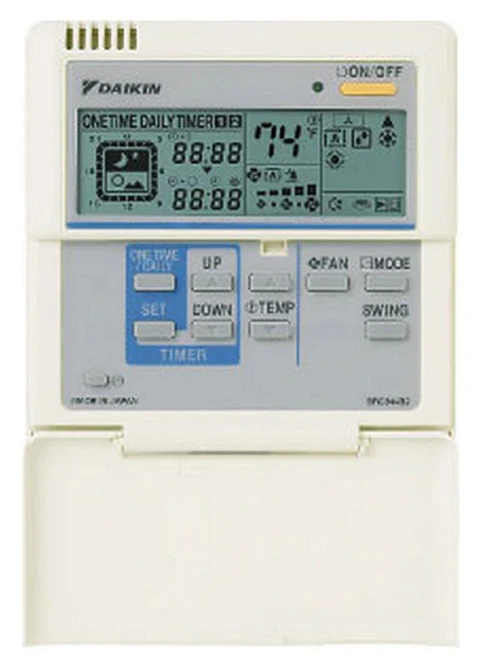 Daikin BRC944B2, electronic control panel for air conditioning system with digital display and multiple buttons for temperature, fan, and mode settings.
