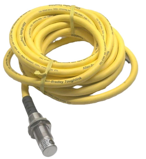 Allen-Bradley 871TM-DX09, yellow industrial sensor cable for automation equipment.
