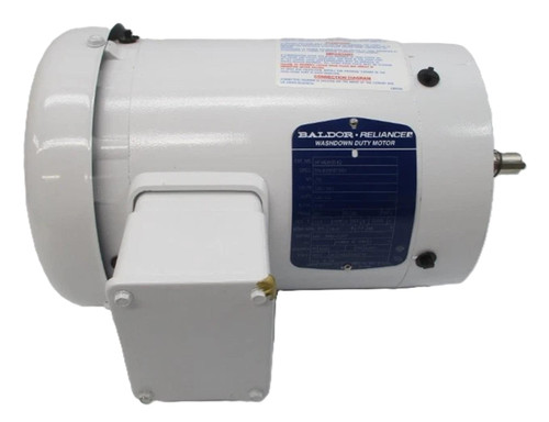 Baldor VFWDM3542, washdown duty motor, industrial motor with white casing, blue label, and metal shaft, optimized for industrial and commercial applications.