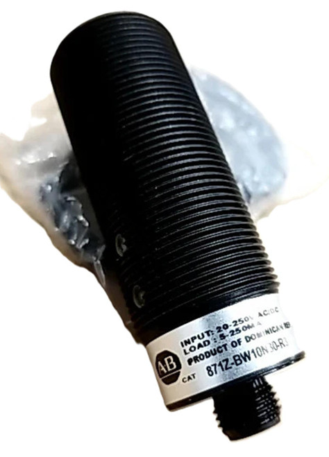 Allen-Bradley 871Z-BW10N30-R3, industrial sensor or actuator with a black, threaded, cylindrical body and a white label with technical specifications.