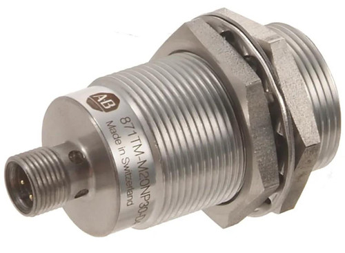 Allen-Bradley 871TM-N40NN30-D4, industrial sensor or component, cylindrical metal device with threaded body and electrical connectors.