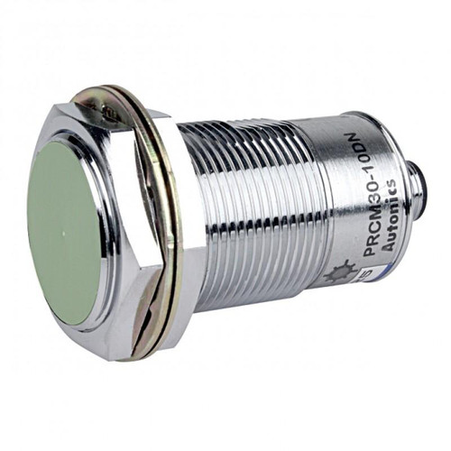 Autonics PRCM30-10AC, industrial proximity sensor with metallic cylindrical body and green sensing face.