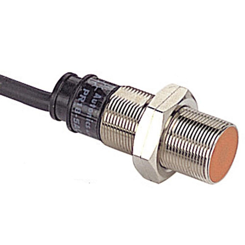 Autonics PRD18-7DN, industrial proximity sensor with metal threaded cylindrical design and orange sensing face.