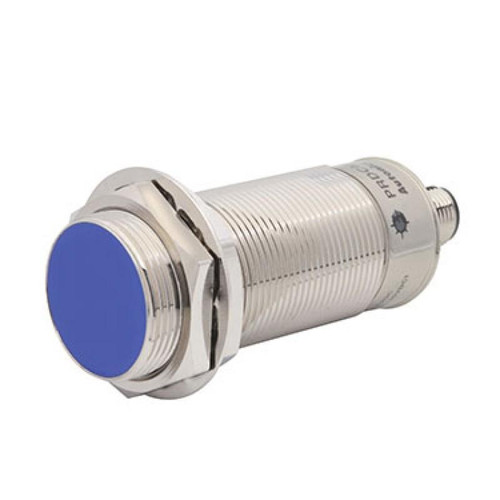 Autonics PRDCML30-15DP industrial sensor, stainless steel proximity switch with blue sensing face.
