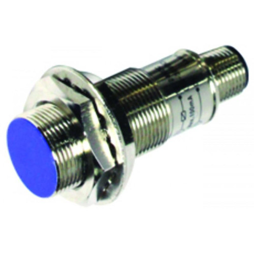 Autonics PRDCM30-15DN, industrial proximity sensor with metal threaded body and blue sensing face for detect metal objects.