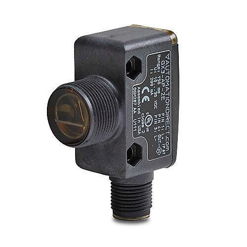 Automation Direct GX3-AP-2E, industrial photoelectric sensor with a compact design, black body, and cylindrical sensing component for automation applications.