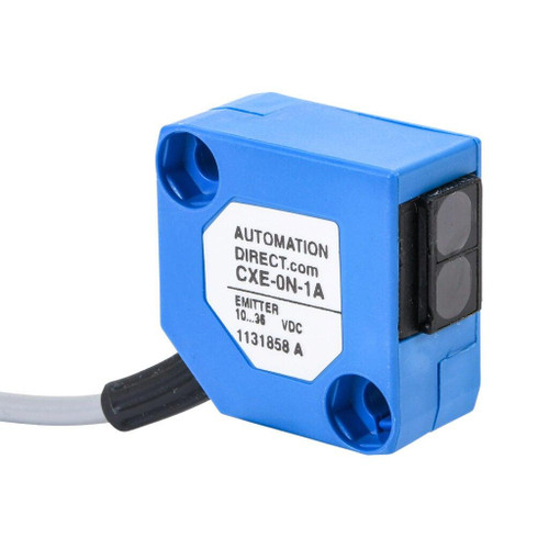 Automation Direct CXE-ON-1A, blue industrial sensor with black side buttons and cable connection for automation applications.
