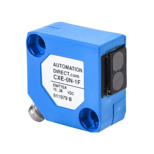 Automation Direct CXE-ON-1F, photo of a small blue industrial sensor with a black side connector and a white label displaying model and technical information.