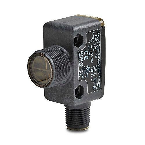 Automation Direct GXR-AP-1E sensor, compact industrial photoelectric sensor with black rectangular body and a circular light-emitting window for industrial automation