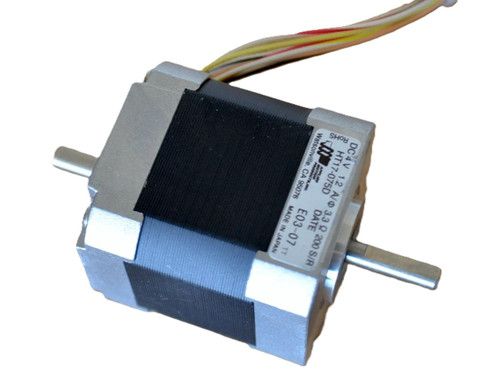 Applied Motion HT17-075D, industrial stepper motor with a metallic body and multicolored wires for electronic connection.