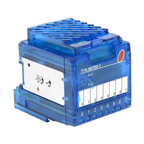 Automation Direct T1K-08TD2-1, industrial relay with blue transparent casing and terminal connections for electrical wiring.