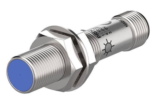Autonics PRDCM12-4DN sensor, industrial proximity sensor with metallic threaded body and blue sensing face.