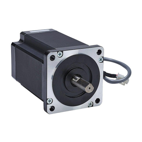 Automation Direct STPMTRH34127, industrial stepper motor with a black and silver exterior and a metal shaft for precise motion control.