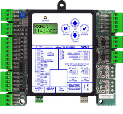Aaon ASM02293, HVAC control system controller with digital display and multiple connection terminals.