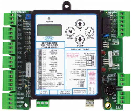 Aaon OE370-26-RSMD, RSM for digital compressors control board with multiple terminal connectors and display screen.