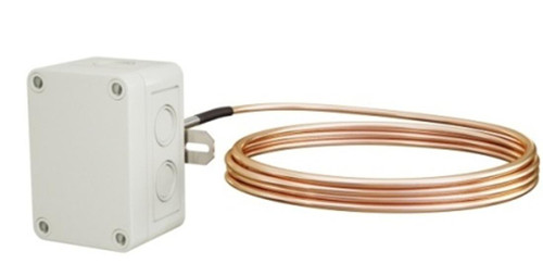 ACI A/1K-2W-A-50-4X, industrial electrical component with a white plastic junction box connected to a coiled copper wire for electrical installations.