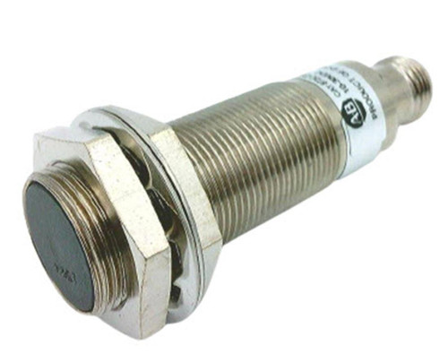 Allen-Bradley 872C-D5NP18-D4, industrial sensor or switch with metallic body and threaded design.