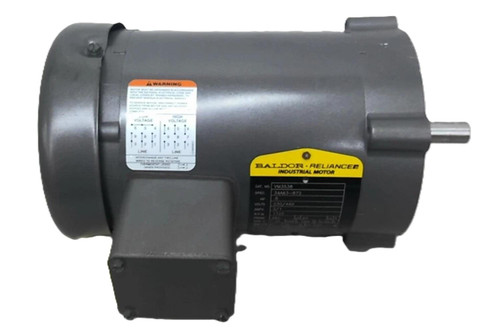 Baldor VM3538, industrial motor with a gray metallic cylindrical body and a protruding shaft, used for various industrial applications.