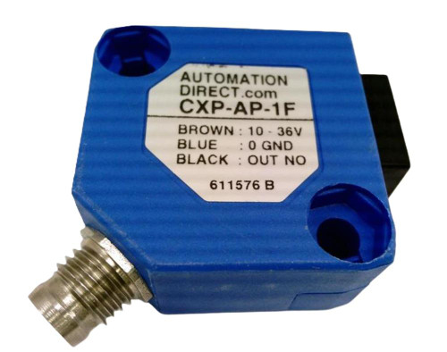 Automation Direct CXP-AP-1F, industrial sensor with blue casing and threaded metal connector.