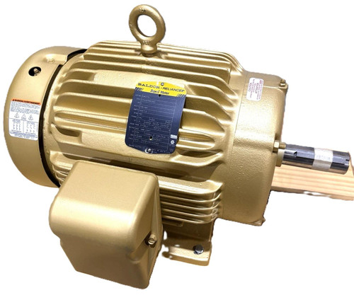 Baldor EM2275, industrial electric motor with a gold-colored heat-dissipating exterior and shaft, designed for heavy-duty applications.