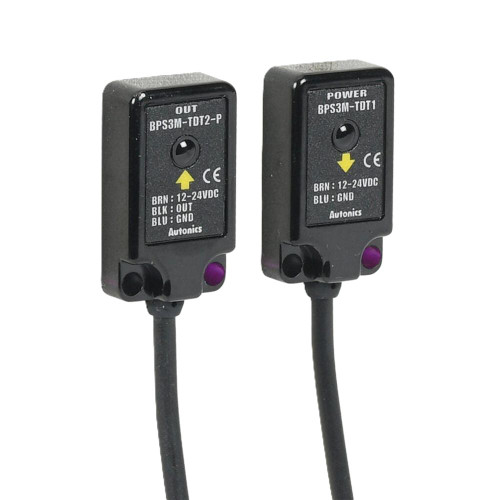 Autonics BPS3M-TDT motion sensors, two black rectangular sensor devices with labels and cables attached.