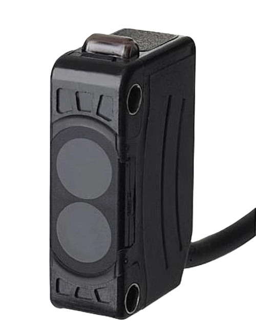 Autonics BJ300-DDT-P, industrial photoelectric sensor with black rectangular body and two circular sensing areas on the front, used for object detection in automation systems.
