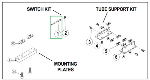 Tol-O-Matic 3600-9088, technical diagram of switch kit, tube support kit, and mounting plates for industrial equipment assembly.