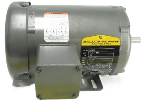 Baldor M3458, industrial electric motor with gray metallic body and yellow BaldorReliance label.