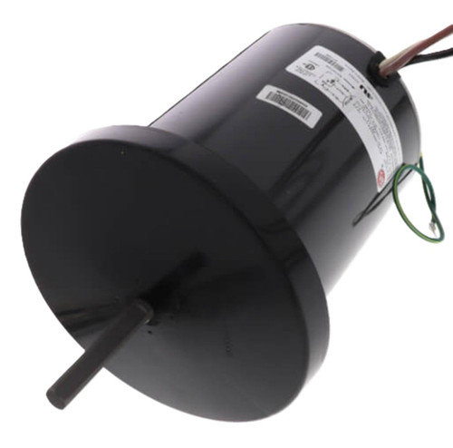 Aaon R1746B, HVAC motor with black cylindrical casing and attached wires for electrical connection.