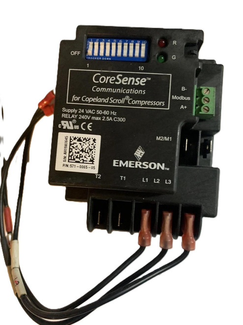 Aaon V47400, coreSense communication module for Copeland Scroll compressors with wiring connections, LEDs, and adjustment dials.