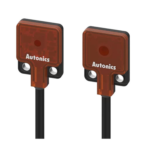 Autonics BTF1M-TDTL, industrial photoelectric sensor with a red square body and black cable for industrial automation applications.