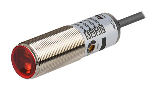 Autonics BRQM400-DDTA-P, industrial proximity sensor with red sensing face and cylindrical metallic body.
