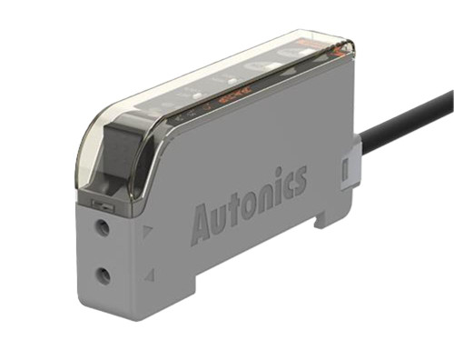 Autonics BF4RP, industrial photoelectric sensor with a sleek gray body and transparent top cover for sensor components.
